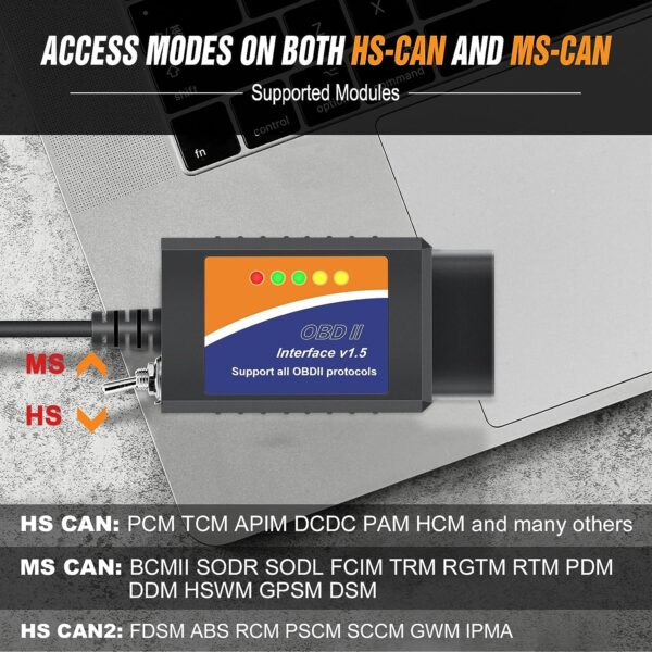 ELM327 OBD2 USB Adapter for Windows, ELMconfig Scanner with MS CAN/HS CAN Switch