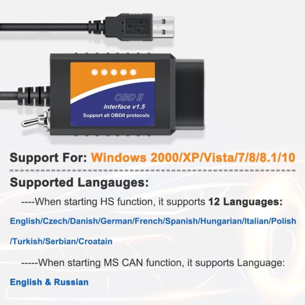 ELM327 OBD2 USB Adapter for Windows, ELMconfig Scanner with MS CAN/HS CAN Switch