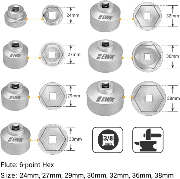 EWK Forged 3-Pcs 27, 32, 36mm Low Profile Oil Filter Wrench Socket, 3/8" Drive Oil Filter Cap Removal Tool for BMW, Ford, B·enz