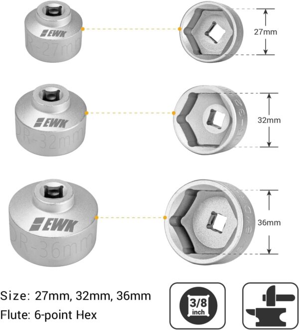 EWK Forged 3-Pcs 27, 32, 36mm Low Profile Oil Filter Wrench Socket, 3/8" Drive Oil Filter Cap Removal Tool for BMW, Ford, B·enz