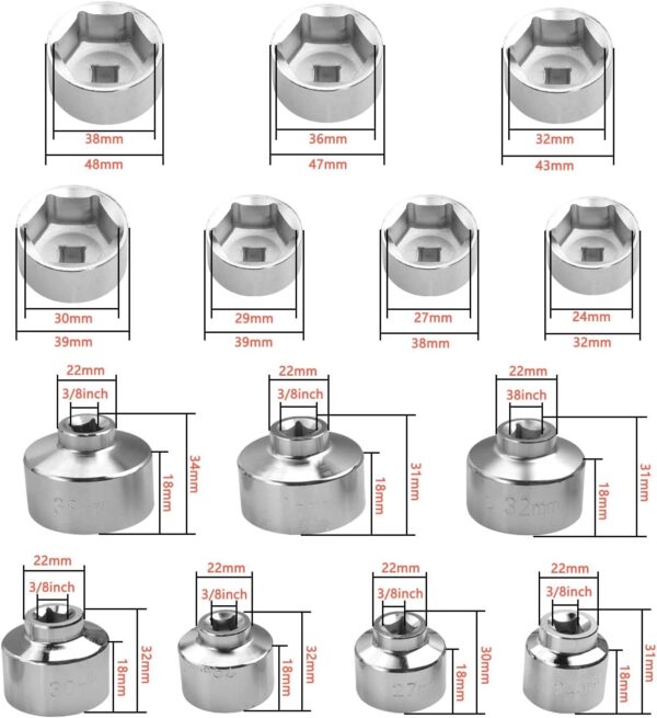 Oil Filter Wrench Socket Removal Tool, Fuel Filter Cap Set Compatible with Merc-edes Benz Dodge BMW and More, Includs 24 27 29 30 32 36 38mm Silver