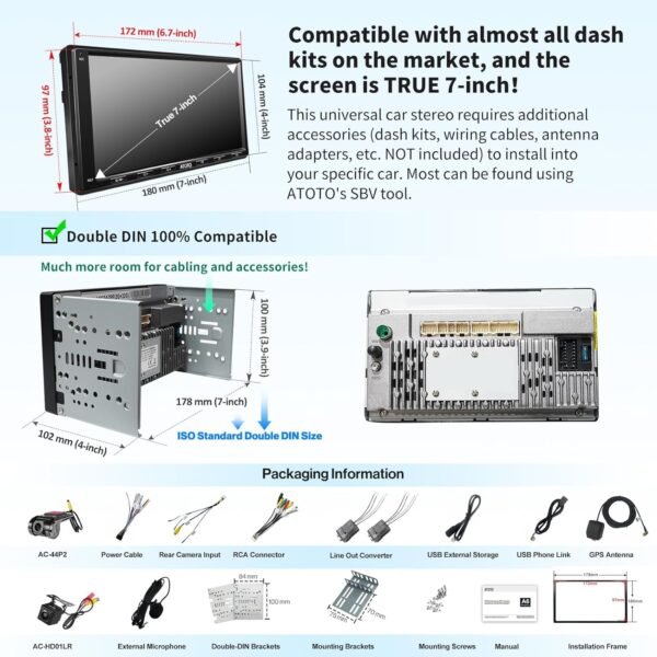 ATOTO A6PF 7inch Android Double-DIN Car Stereo, GPS Tracking, WiFi/BT/USB Tethering Internet, 2G+32G, with Dash, Rear Cam, A6G2A7PF-S02